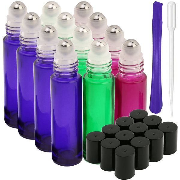 JamHooDirect 10ml Glass Roller Bottles with Stainless Steel Roller Ball 12Pcs- Refillable Essential Oil Roll on Bottles with Lid Opener Pry Tool - Includes 1 Transfer Pipette - Great for Perfumes