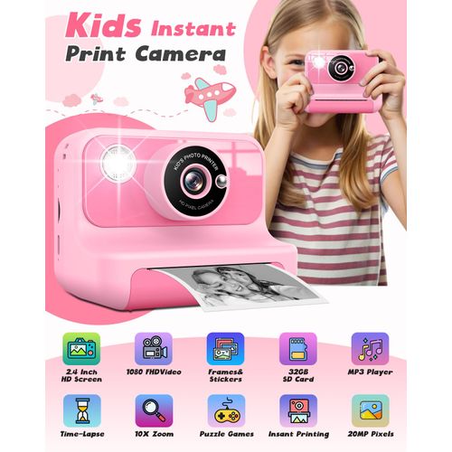 LETSHAHA Kids Camera Instant Print, 2.4 Inch Screen Instant Cameras for Kids, Christmas Birthday Gifts Toys Camera for Toddler Girls Boys Age 3-12-Pink