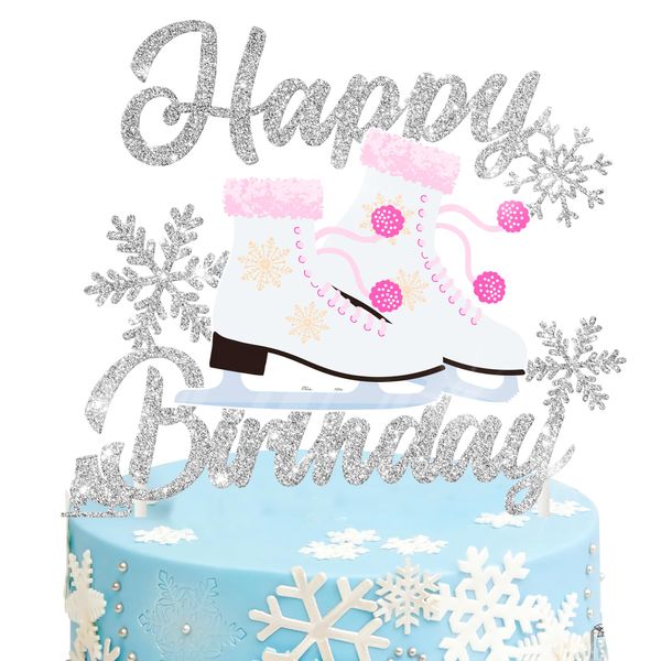 Ice Skating Birthday Cake Topper Silver Glitter Snowflake Roller Skates Cake Decorations Ice Skating Party Favors for Kids Winter Ice Skating Theme Birthday Party Winter Birthday Decor