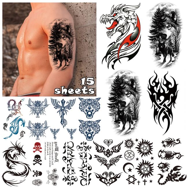 LEADTEAM 15 Blätter Fake Tattoos, Temporäre Tattoos Arm Tattoo, Klebetattoos Erwachsene Tatoos Aufkleben Herren Temporary Tattoo Männer Tattoos Aufkleber Party Deko Geschenk