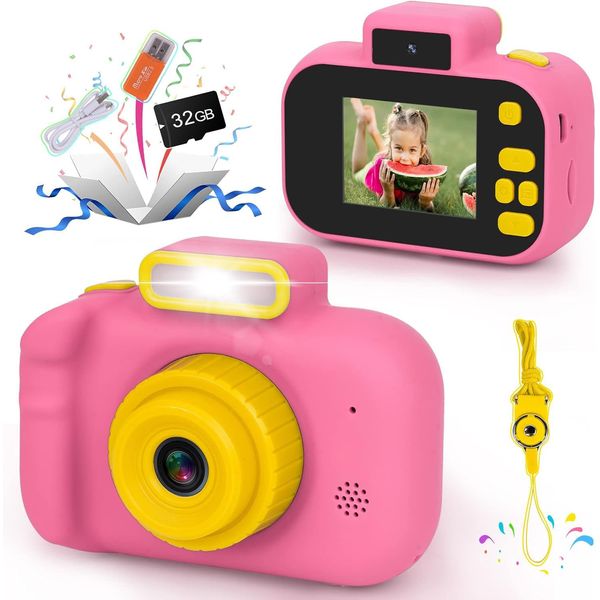 Kids Camera, Toddler Selfie Digital Pink Camera Christmas Birthday Toys Gift for Girls Age 3-9, Portable Kids HD Digital Video Recorder with 32G SD Card, Toys for 3 4 5 6 7 8 9 Year Old Kids