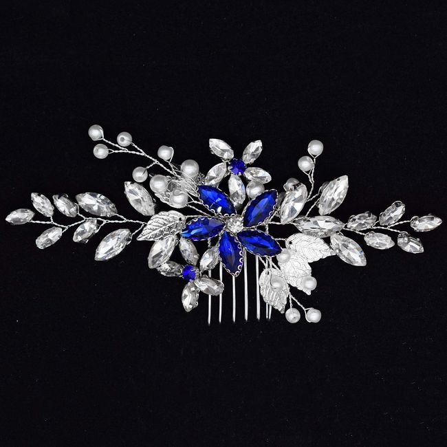 Wedding Hair Accessories, Fanvoes Hair Pieces Comb for Brides Bridal Silver Vintage Headpiece Clip Barrette Decorations Handmade Blue Sapphire Rhinestone Crystal Ivory Pearl for Women Girls Bridesmaid