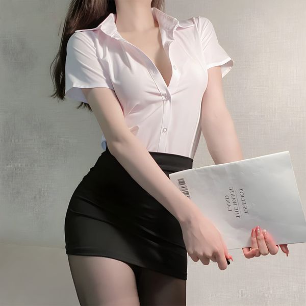 Sexyhot OL Secretary Cosplay, Sexy, Teacher, Sexy, Costume, Short Sleeve, Blouse, Mini Skirt, Stockings, 3-Piece Set, Women's, Suit, L