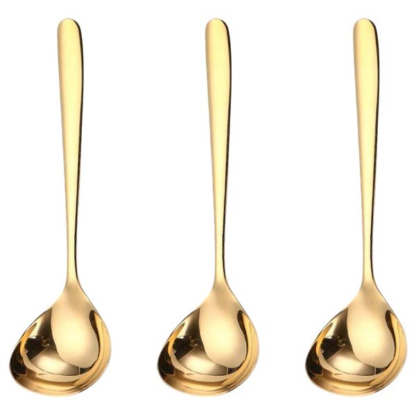 GuDoQi Soup Ladle, 3 Pack Durable 304 Stainless Steel with Polished Titanium Plated Big Volume Soup Spoon, Kitchen Gadget Utensil,8 Inch, Gold