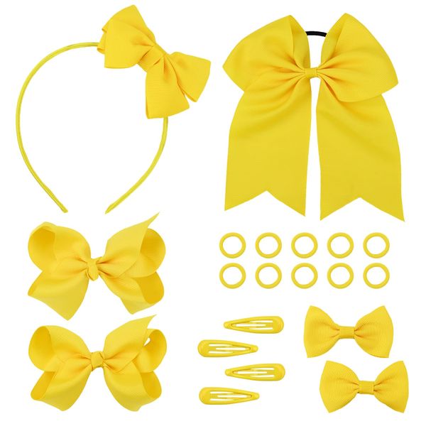 Bekecidi 20 Pieces Bow Hair Accessories Set Bow Hairpin Bow Hair Clips Rubber Band Bow Headband Bows Ribbon for Girls Kids (Yellow)