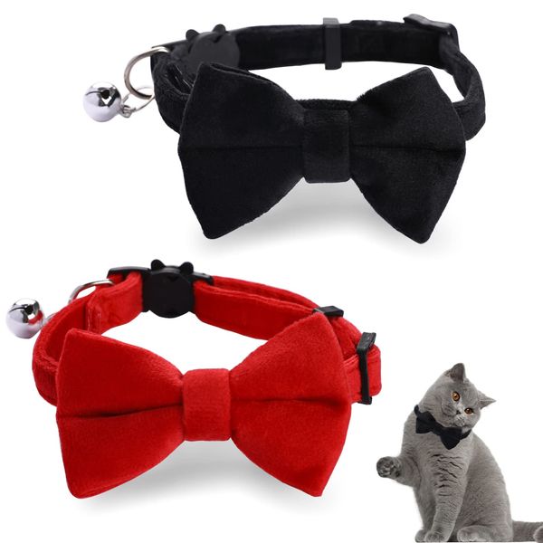 2 Stück Samt Katzenhalsband mit Glöckchen und Fliege verstellbar für kleine Welpen Sicherheitsfliege einfarbig für Hochzeiten Grundfarbe Katzen-Fliege