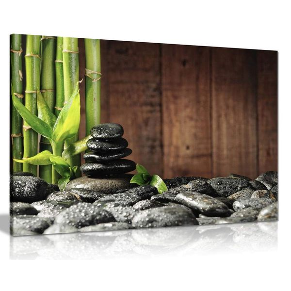 Green Spa Botanical Bamboo Grove Black Zen Stones Old Wooden Background Canvas Wall Art Picture Print (12x8)