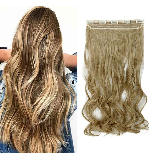 Real Fashion 17-26 inches Straight Curly Clip in Hair Extensions 3/4 Full Head Instant One Piece Full Head Hairpiece 24"-Curly, Ash blonde mix Bleach blonde