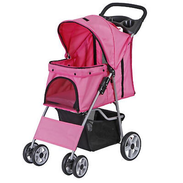 Pink 4 Wheel Pet Stroller for Cat Dog Foldable Carrier Jogger Travel with Basket