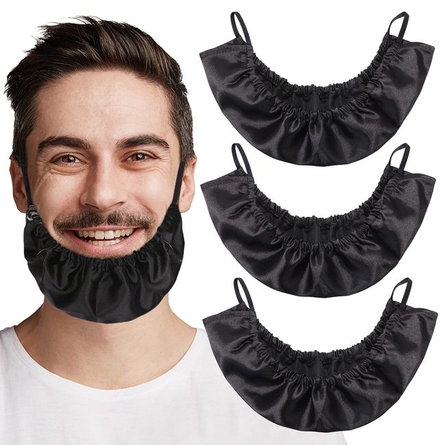 MIKIMIQI Beard Bandana, 3 Pack Men Beard Bib Black Beard Covers Soft Comfortable and Silky Satin Facial Hair Apron Guard Bonnet Rag Man Bedtime Bib Beard Cap Ear Beard Bandana