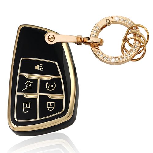 Aoocar 5 Button TPU Key Fob Cover with Bling Ring, Compatible with 2021 2022 2023 2024 2025 2026 GMC Yukon Denali Sierra, Fit for Chevy Silverado Suburban Tahoe Buick, Black