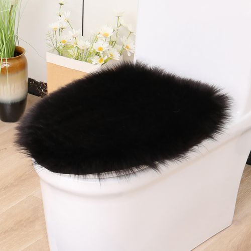 Yinfidee Toilet Lid Cover,Shaggy Faux Fur Fabric Toilet Seat Covers for Bathroom,Machine Washable Comfortable Soft Toilet Covers,20"x16",Universal Toilet Lid Fits Oblong/Round/Elongated Sizes (Blak)