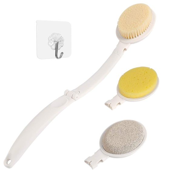 LFJ 3 in 1 Back Bath Brush Set for Shower, 19" Long Handle Body Brush, Bath Sponge and Pumice Gentle Exfoliation and Improved Skin Health, Suitable for Men and Women