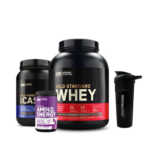 [+Shaker] Gold Standard Whey 2.27kg Choco + Casein 850g Choco + Amino Energy 270g Grape