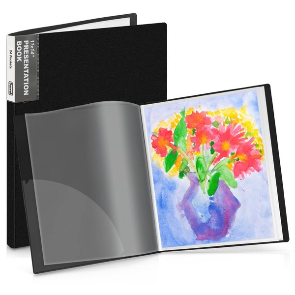 Dunwell 11x14 Binder with Sleeves (Black), 24 Pockets Display 48 Pages, Large Folder with Plastic Sleeves,11x14 Presentation Book with Protector Sleeves, Kids Art Portfolio 14x11,Clear Pages,Vertical