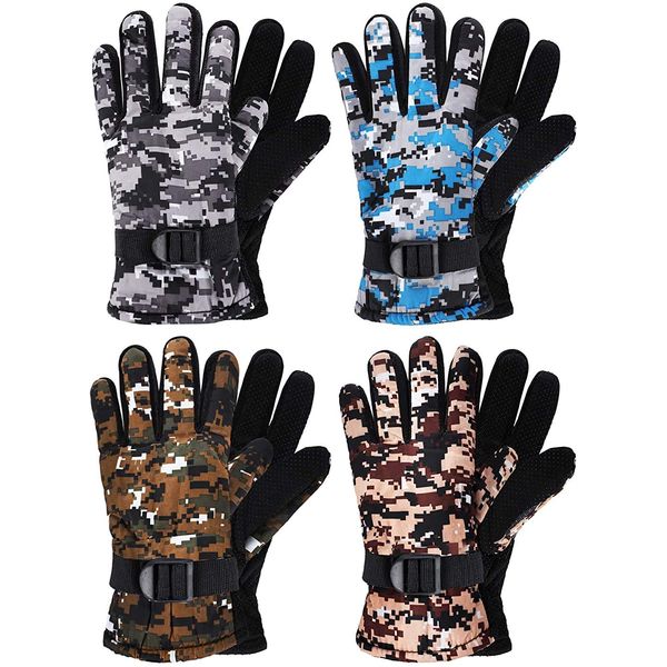 4 Pairs Kids Winter Gloves Waterproof Snow Ski Gloves for Kids Warm Unisex Camouflage Gloves for Cold Weather Girls Boys Children (Yellow, Green, Blue, Grey,for 6-12 Years Old)