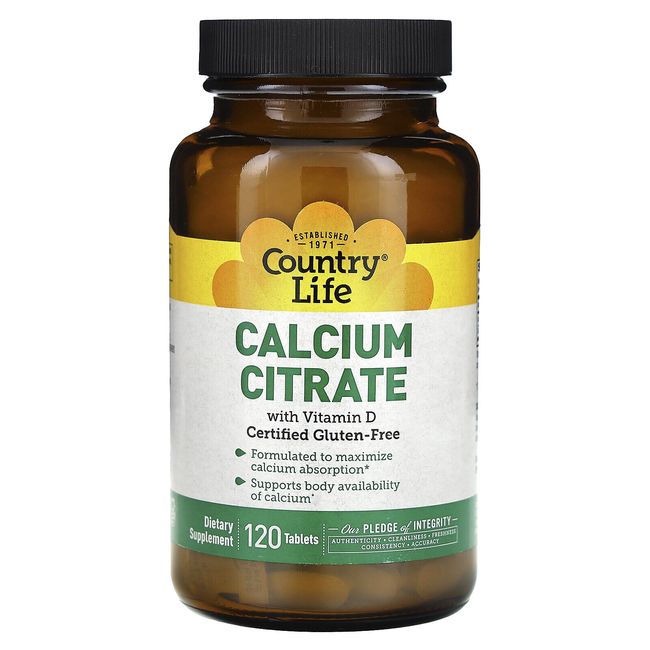 Country Life Calcium Citrate With Vitamin D 120 Tablets Gluten-Free, GMP Quality