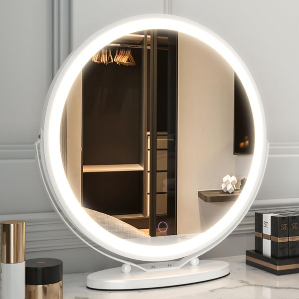 LVSOMT 20" Large Makeup Vanity Mirror with Lights, LED Lighted Circle Mirror, High Definition Round Tabletop/Desk Mirror with 3 Color Dimmable Lighting Modes & Touch Screen (White)