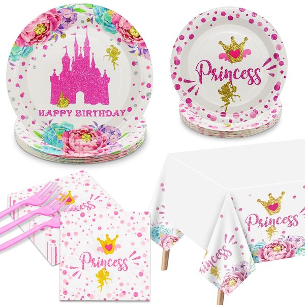 Princess Party Decorations - 81pcs Castle Decorations Including Pink Paper Plates, Princess Napkins, and Tablecloth for Princess Belle Birthday Party Decorations Princess Party Supplies, Serve 20