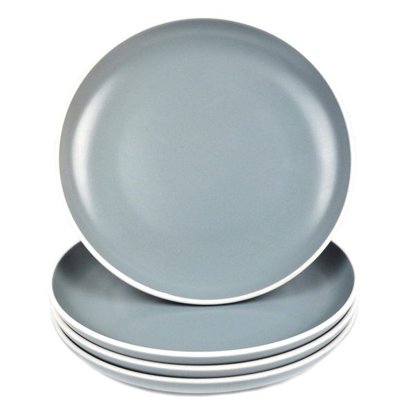 YöL Set of 4 Side Plates Solid Grey Dessert Dinner Round White Rim Stoneware
