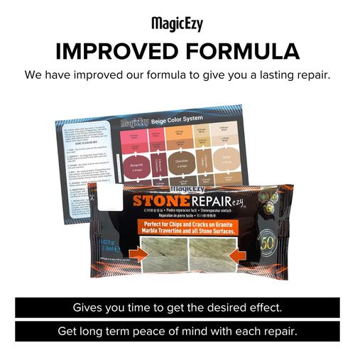 MagicEzy Stone Repairezy (Beige):- Granite, Marble, Travertine. Quartz - Repair Chipped, Cracked Floor Tiles, Countertops - Stone Repair Kit, Touch Up Filler