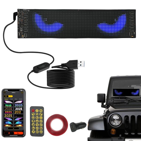 SUNPIE 15"x4" Programmable LED Car Sign – Flexible Scrolling Display with Devil Eyes, Custom Text & Animation, Smartphone App Control, Waterproof Soft Screen for Windows