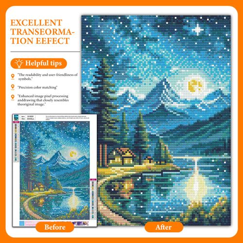 Offito Mountains Moon Lake Diamond Art Kits for Adults, Lakeside Villages Diamond Painting Kits for Beginners, Starry Sky Landscape DIY Full Drill Dots Gem Art Paint for Home Wall Decor 12 x 16 Inch
