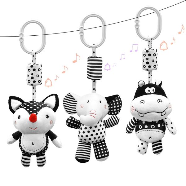 XIXILAND Black and White Baby Toys 0-3 Months, Car Seat Toys Stroller Toys Hanging Rattle Toys, Infant Toys Newborn Toys High Contrast Baby Toys with Wind Chimes for 0 3 6 9 12 Months Boys Girls