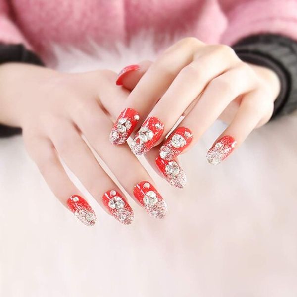 SIFASHION Wedding Bride Nail Tips Sparkling Artificial Diamond Round Nail Patch with Double-Sided Adhesive Tape Nail Tips (Red)