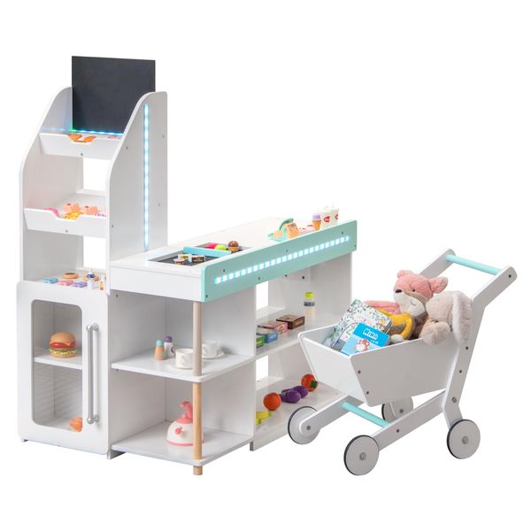 INFANS Kids Grocery Store Playset, Wooden Pretend Play Supermarket with LED Lights Manual Conveyor Belt Play Food Accessories Blackboard Cash Register, Market Stand Toy for Toddler Boys Girls