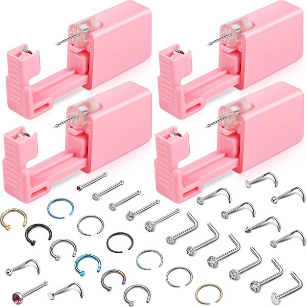 36 Pieces Nose Ear Piercing Tool Kit Includes 4 Pieces Disposable Nose Piercing Machine with 10 Pieces Nose Jewelry 22 Pieces Nose Studs Ring Hoop for Women Girls Salon Home Use (Pink)