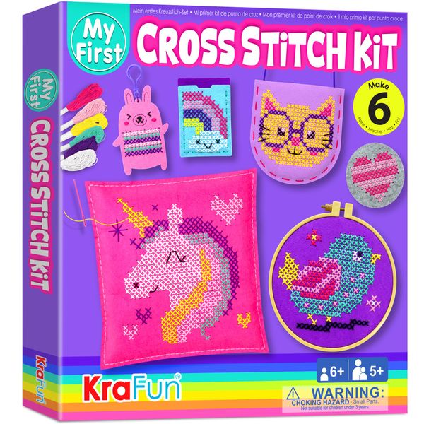 KRAFUN Beginner My First Cross Stitch Kit for Kids Arts & Crafts, 6 Easy Projects of Felt Keyring, Bag, Pillow Craft, Instructions, Gift for Girls and Boys, Learn DIY Crafting, Embroidery