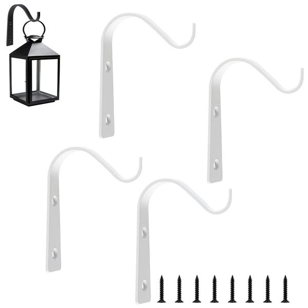 Lxoraziy 4 Pcs Hooks for Hanging Baskets, Wall Hanging Bracket Plant Hooks, Black Metal Hanging Bracket, Outdoor Indoor Garden Hook Décor, for Plant Basket, Lantern, Bird Feeders(White)