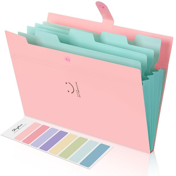 SKYDUE Expanding File Folder 5 Pockets, Skydue Letter A4 Paper Accordion Document Organizer (Pink)