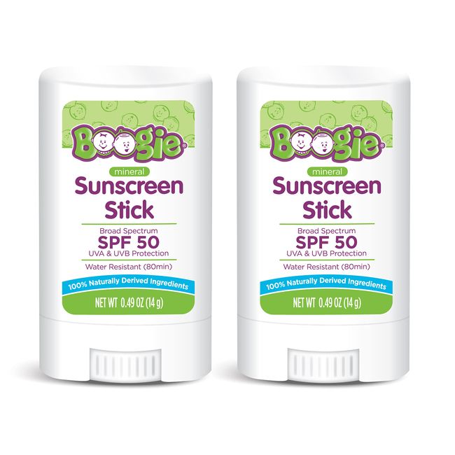 Baby Sunscreen Stick by Boogie Block, Mineral Sunscreen SPF 50, Travel Size Sunblock for Kids, Zinc Oxide, Water Resistant, Vegan, Fragrance Free Pack of 2
