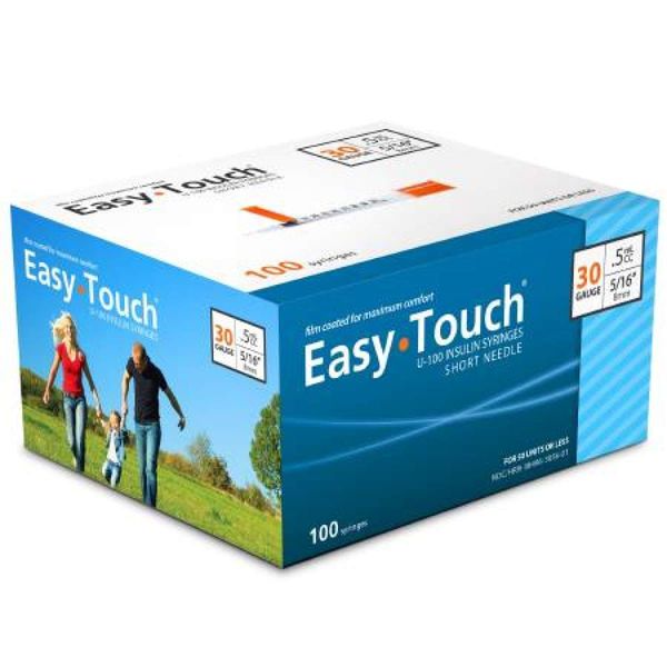 EasyTouch U-100 Insulin Syringe with Needle, 30G 0.5cc 5/16-Inch (8mm), Box of 100