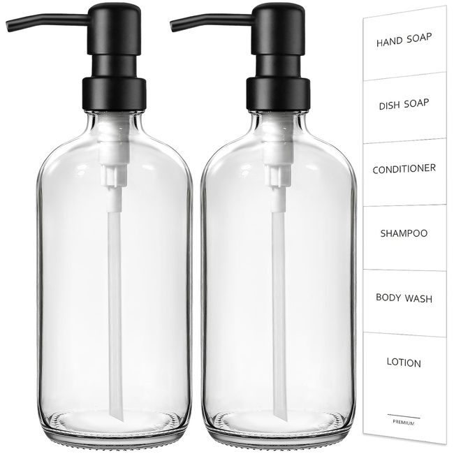 GMISUN Glass Soap Dispenser with Pump, 2 Pack Clear Bathroom Hand Soap Dispenser with Stainless Steel Pump, 16 Oz Refillable Kitchen Hand and Dish Soap Dispensers Set, Modern Liquid Pump Bottles