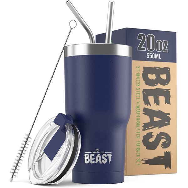 Beast Tumbler - 550 ml (20 oz), Royal Blue | Reusable Stainless Steel, Vacuum Insulated Cup | with + 2 Straws & Cleaning Brush | Double Wall Travel Flask Perfect for Hot or Iced Coffee | BPA Free