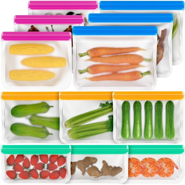 Septeamay 12 Pack Reusable Freezer Bags, BPA Free Food Bags Zip Seal For Keeping Lunch, Sandwich, Snacks, Fruit, Vegetables,Soup, Meat,Grains Fresh Clear Silicone Leakproof Food Storage Bags - 4 Sizes