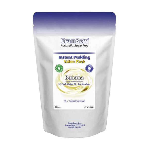 GramZero Banana Sugar Free Pudding Mix 12-Pack, Great For Nutrition Club Meal Replacement Shakes, Low Calorie Dessert, Stevia Sweetened