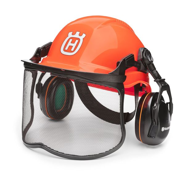 Husqvarna 592752601 Chainsaw Helmet with Metal Mesh Face Shield, Adjustable Ear Muffs for Hearing Protection, and Sun Peak, HDPE Forestry Helmet Shell, Orange