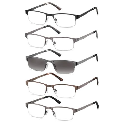 Eyecedar 5-Pack Reading Glasses Men Metal Half-Frame Rectangle Style Stainless Steel Material Spring Hinges with Sun Readers 1.50