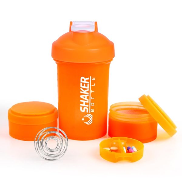 VECH Protein Shaker Bottle -16oz Shaker Cup - 500ml Shaker Bottle for Protein Shakes with Mixing Ball - Leak Proof GYM Shaker Bottles for Workout with Supplement Storage & Pill Tray -Bpa Free （Orange）