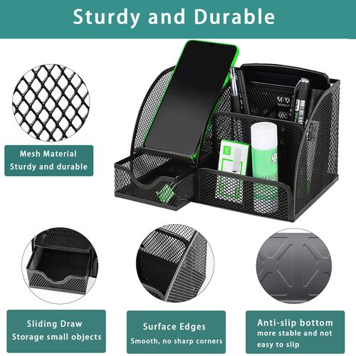 PYJLBX Desk Organiser, Desk Tidy Pen Holder Desk Sorage, Metal Mesh Multi-Use Pen Pot Stationary Organiser Desk Accessories Office Supplies with Drawer, Pen Organiser for office, Home, School, Black