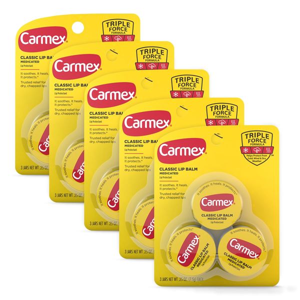 Carmex Medicated Lip Balm Jar, Lip Moisturizer for Dry, Chapped Lips, 0.25 OZ - (5 Packs of 3)