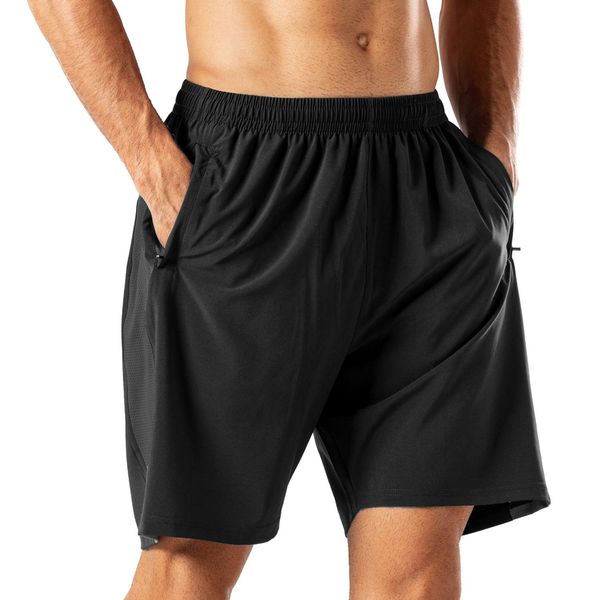 HMIYA Herren Sport Shorts Schnell Trocknend Kurze Hose mit Reißverschlusstasch (Schwarz,6XL)