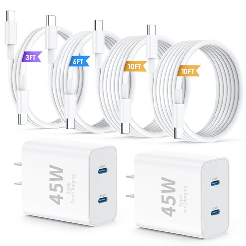 QZIIW iPhone 16 15 Pro Max Charger Fast Charging,45W Dual Port USB C Fast Charger Block [2-Pack] & Extra Long 60W 3/6/10/10FT USB C Cable - PD Quick Adapter 3.0 for iPhone 16 15/16 15Pro/16 15 Plus.