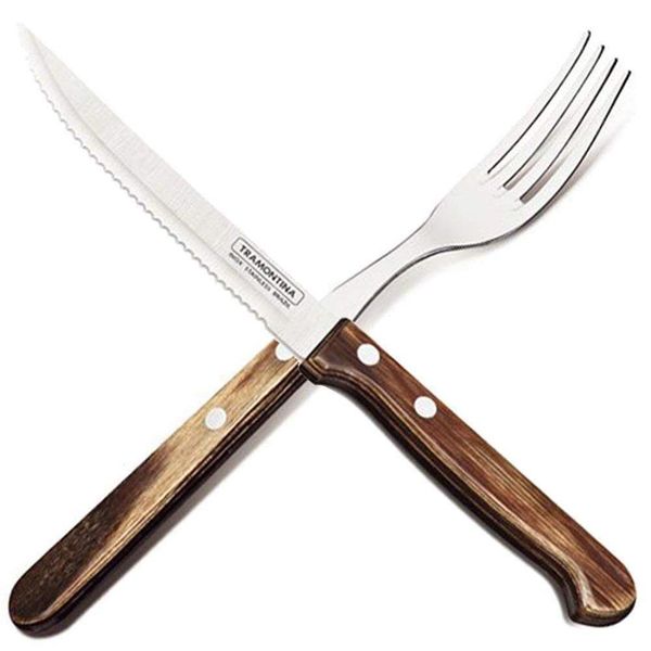 Tramontina 21122/195 21110/090 TRAMONTINA Wooden Handle Steak Knife 8.7 inches (22 cm) & Table Fork 8.3 inches (21 cm) Polywood Plus Long Set of 2 Dark Brown Dishwasher Safe Made in Brazil