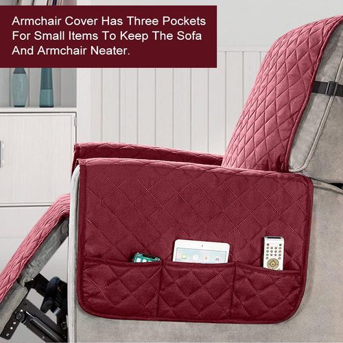 Recliner Chair Cover Pad with 6 Side Pockets, Reclining Chair Adjustable Soft Non-slip Buckles Protective Armchair Sofa Cushion Furniture Protector for Home with Children and Pets Dog (Small, Claret)