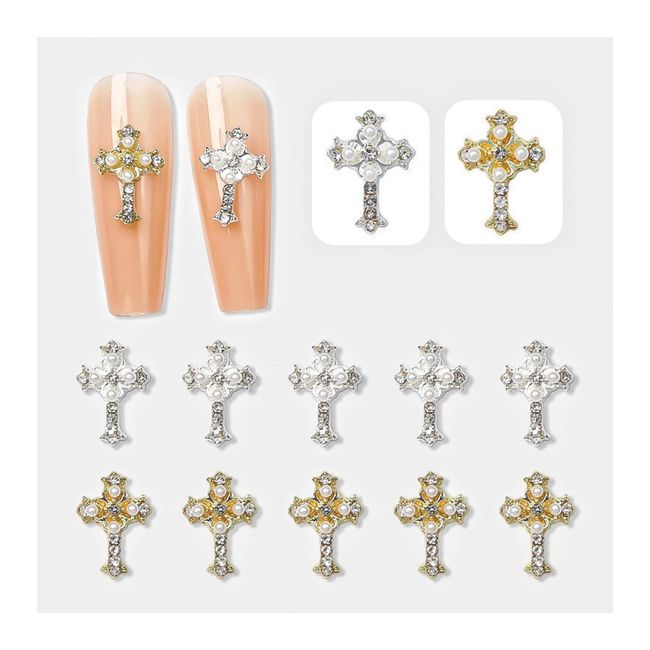 3D Retro Cross Nail Charm, 20pcs Alloy Pearl Cross Charms Punk Gothic Nail Art Supplies for Acrylic Nail Decoration, Nail Diamond Accessories for Nail DIY Design and Jewelry Making